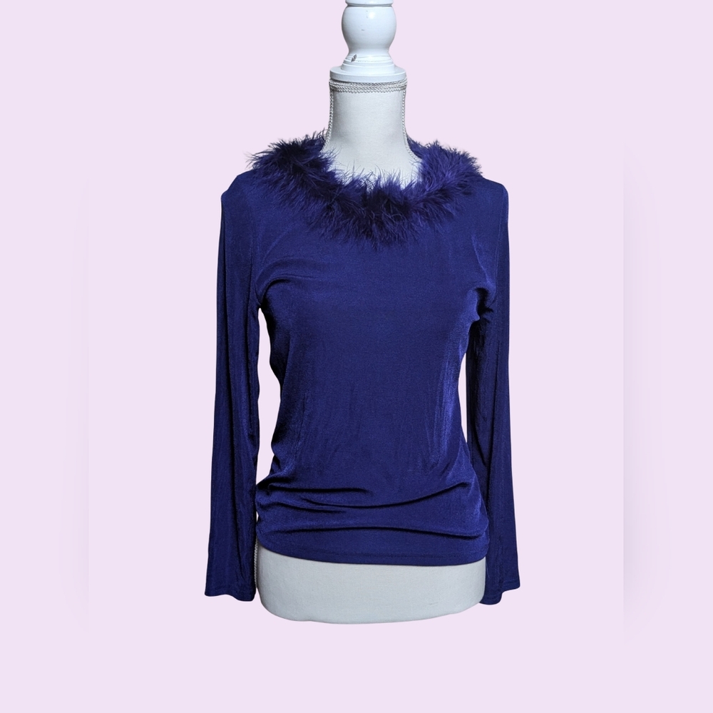 Y2K  Vintage Indigo Boa Feathered Collared Shirt by Carol Rose